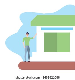 fachada de la casa con un joven atractivo