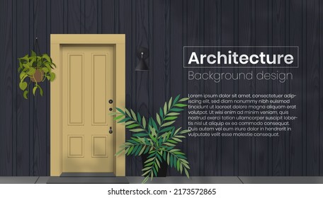 House facade background with door and flowerpot. Modern architecture building design. 