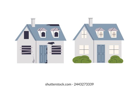 House facade before and after renovation. Old and new home. Front view. Reconstruction of city building. House exterior renovation. Urban cottage. Village dilapidated house. Suburban house. Vector.