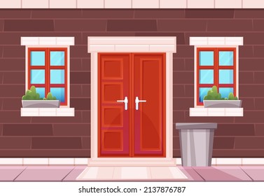 House facade with brick wall, red door, windows and trash bin. Vector cartoon illustration of home entrance with closed door and flowers in pots. Exterior of cottage in city or suburb neighborhood