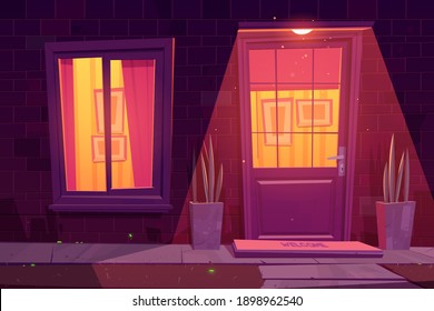 House Facade With Brick Wall, White Window And Door, Plants And Outside Lamp. Vector Cartoon Illustration Of Residential Building Exterior In Suburban Neighborhood, Home Entrance At Night