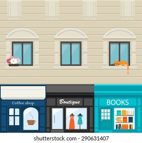 House facade with coffee shop, boutique and books store, vector illustration