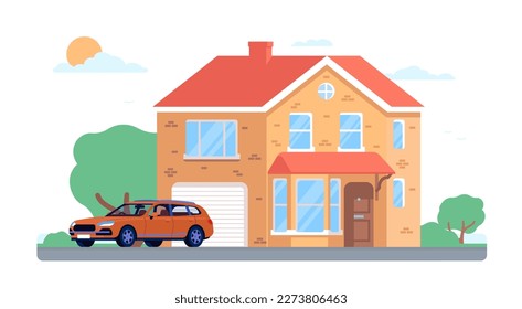 House facade. Cottage with garage. Mansion and car. Real estate. Residential building. Vehicle in front of home. City landscape. Village residence. Urban architecture