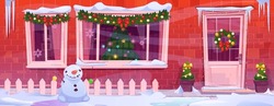 House Facade Decorated For Christmas. Vector Cartoon Illustration Of X-mas Tree In Cozy Room Window, Wreath And Garland On Door, Snowman In Snowy Garden, Icicles On Roof, Holiday Mood In Neighborhood