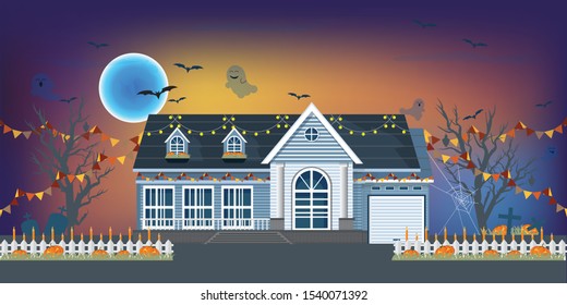 House facade decorated for Halloween night with cartoon character Trick-or-Treat,vector illustration.