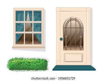 House facade door, window and bush isolated on white background. Set of vector illustration of architecture elements.