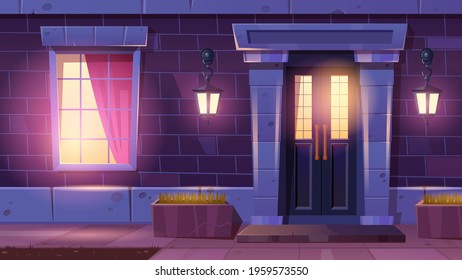 House facade with door and window at night. Home entrance with light from lanterns on brick wall and window. Vector cartoon facade of vintage residential building with front door in stone frame