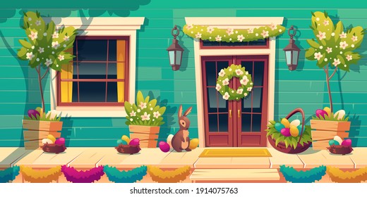 House facade with easter decoration on door and wooden porch. Colored eggs in nests, cute bunny and flower garlands on home wall. Vector cartoon building exterior with terrace and steps in spring