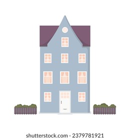 House facade, exterior and greenery outside in European style. Nice country house, cottage, street building. Flat vector illustration isolated on white background	