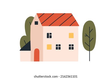 House Facade, Exterior And Trees Outside In Scandinavian Style. Cute Scandi Country Home In Nature. Countryside Norse Building Outdoors. Flat Vector Illustration Isolated On White Background