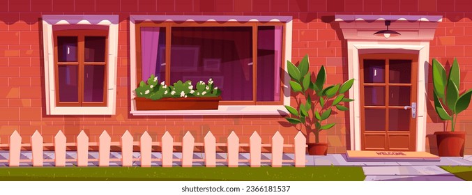 Fachada de casa y puerta delantera con fondo vectorial de caricatura de ventana. Casa de campo con paredes de ladrillo y entrada de madera. Verano fuera del apartamento de la aldea con césped e ilustración de la valla