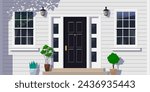 house facade  front entrance door windows potted plants exterior design vector illustration