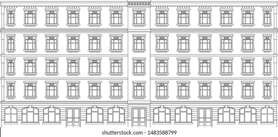 house facade front view city street , architecture building sketch with shop door and windows at wall , vector illustration