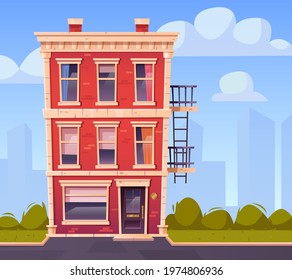 House facade front view, three-story building exterior of red brick with windows, door and evacuation ladder. Countryside home at roadside with green plants at yard lawn, Cartoon vector illustration