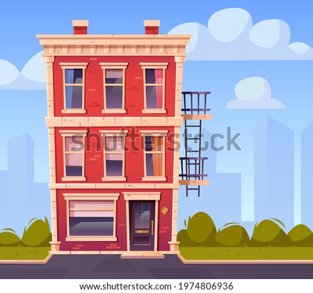 House facade front view, three-story building exterior of red brick with windows, door and evacuation ladder. Countryside home at roadside with green plants at yard lawn, Cartoon vector illustration