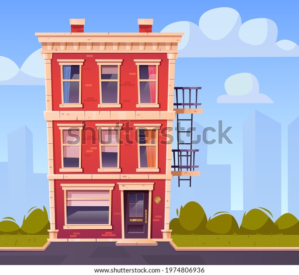 House facade front view, three-story\
building exterior of red brick with windows, door and evacuation\
ladder. Countryside home at roadside with green plants at yard\
lawn, Cartoon vector\
illustration