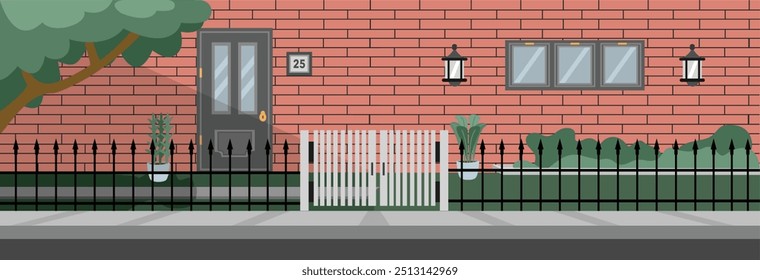 Ilustração da fachada da casa. Design exterior em casa. Casa com jardim. Jarda da casa. Ilustração da porta. Cerca na frente da casa. Casa e plantas. Jardim em casa. Casa de tijolos exterior porta da frente.