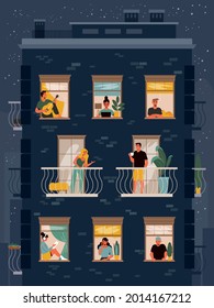 House facade with neighbours in windows chatting and doing different activities with starry night sky on background flat vector illustration