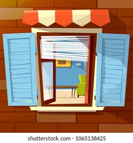 House facade open window vector illustration of window with wooden shutters and room interior view inside. Flat cartoon design of old or modern awning on brick wall background