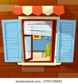 House facade open window vector illustration of window with open wooden shutters and room interior view inside. Flat cartoon design of old or modern window awning on brick wall background