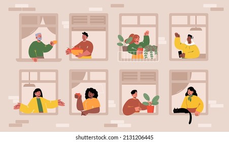 House facade with people in windows with coffee, cat and plants. Concept of good neighbors, positive neighborhood communication. Vector flat illustration of girls talking, people greeting each other