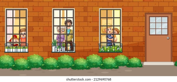 House facade with people at the windows illustration