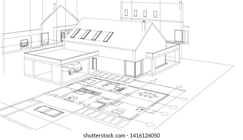 
house facade plan 3d illustration