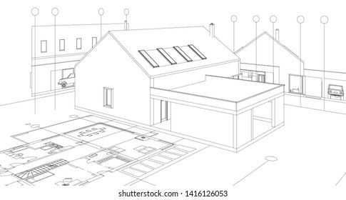 
house facade plan 3d illustration
