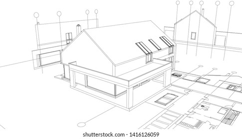 
house facade plan 3d illustration