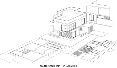 house facade plan 3d illustration