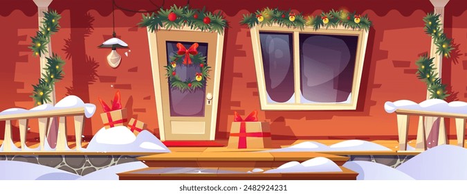 Fachada de la casa con porche decorado para Navidades. Ilustración de dibujos animados de Vector de pilas de nieve en el patio de casa, cajas de regalo cerca de la puerta, coronas verdes decoradas con cinta roja y guirnalda, vacaciones de invierno