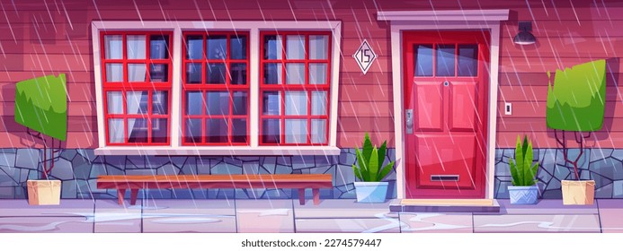 House facade with porch, door, window and red wall in rainy weather. Residential building front with mat on doorstep, plants and wooden bench in rain, vector cartoon illustration