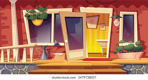 House facade with porch and stairs. Vector cartoon illustration of home exterior with green plants in flower pots, red brick wall, open door, glass windows, table and pictures in hall, dwelling design
