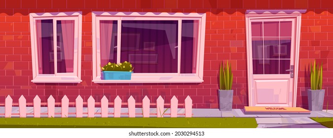 House facade with red brick wall, window, door and flowers in pots. Vector cartoon illustration of residential building exterior in suburban neighborhood, home entrance with fence and green lawn