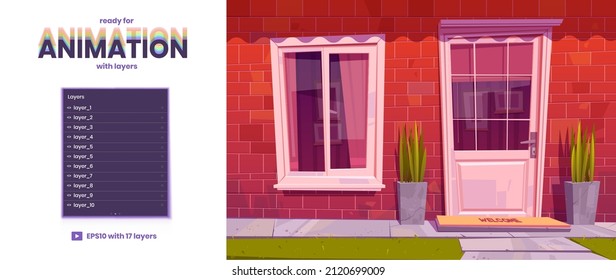 House Facade With Red Brick Wall, Closed Door And Window. Vector Parallax Background Ready For 2d Animation With Cartoon Residential Building Exterior With Mat On Doorstep, Plants And Green Lawn