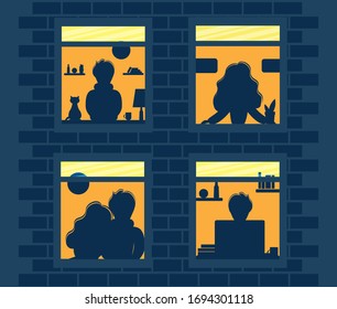 House facade with silhouettes in windows at night. Home office during coronavirus outbreak concept, people works from home. Vector illustration in flat style. Stay at home. Self-isolation.