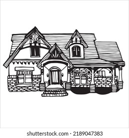 Fachada de la casa. Imagen vectorial simple en blanco y negro, doodle. Para libros, logotipos, etiquetas, diseño web.