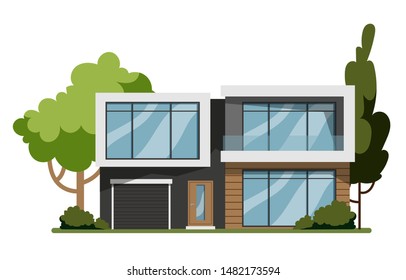 House facade. Small cottage, modern architecture. Idea of real estate. Front view of the building. Isolated flat illustration vector