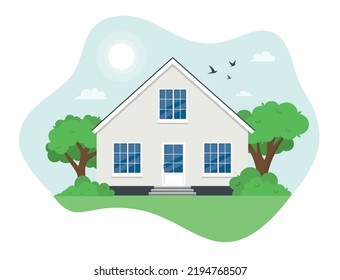 House facade. Small cottage, modern architecture. Idea of real estate. Front view of the building. Isolated flat illustration vector Eps 10