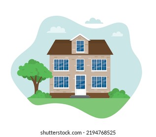 Fachada de la casa. Pequeña casita de campo de arquitectura moderna. Idea de bienes raíces. Vista frontal del edificio. Vector de ilustración plana aislado Eps 10