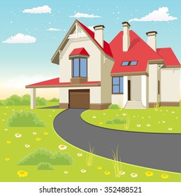 House facade. Traditional classic cottage in the summer landscape