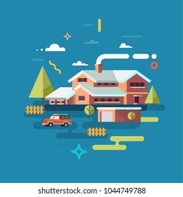 House facade. Traditional cottage, flat design. Vector illustration.