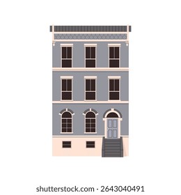 Fachada da casa. Moradia tradicional inglesa com janelas, porta, varanda, vista frontal. Arquitetura britânica, construindo exterior em Londres antiga. Ilustração de vetor plano isolada no plano de fundo branco