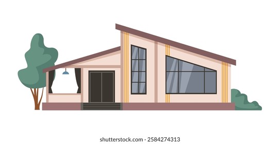 House facade with tree, isolated modern cottage with leaning roof. Vector contemporary building with a porch and entrance door. Real estate property, housing exterior with large windows
