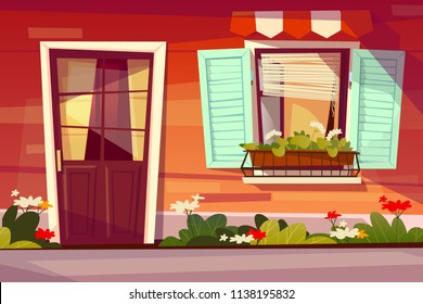 House facade vector illustration of entrance door with glass and window shutter and awning. Cartoon background of wooden building front exterior with garden yard and flowers in pot