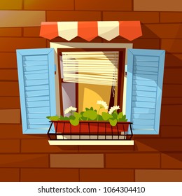 House facade vector illustration of window with wooden shutters, sunblind awning and flowerpot. Modern or old retro window facade on brick wall outdoor view flat cartoon design