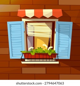House facade vector illustration of window with wooden shutters, sunblind awning and flowerpot. Modern or old retro window facade on brick wall outdoor view flat cartoon design