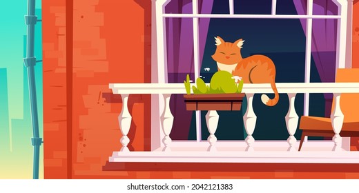 House facade with vintage balcony. Vector cartoon illustration of house front with brick wall, downpipe, window with curtains and terrace with red cat on white fence, flower pot and chairs