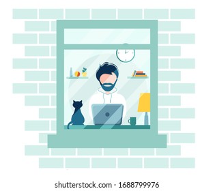 House facade with window. Home office during coronavirus outbreak concept, man works from home. Vector illustration in flat style. Stay at home. Employee are working from home. Self-isolation.