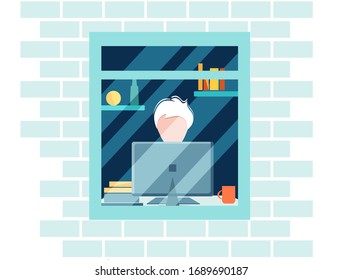 Hausfassade mit Fenster. Heimbüro während des Konzepts des Ausbruchs des Koronavirus, der Mensch arbeitet von zu Hause aus.Vektorillustration im Flachstil. Bleib zu Hause! Die Angestellten arbeiten von zu Hause aus. Selbstisolation.